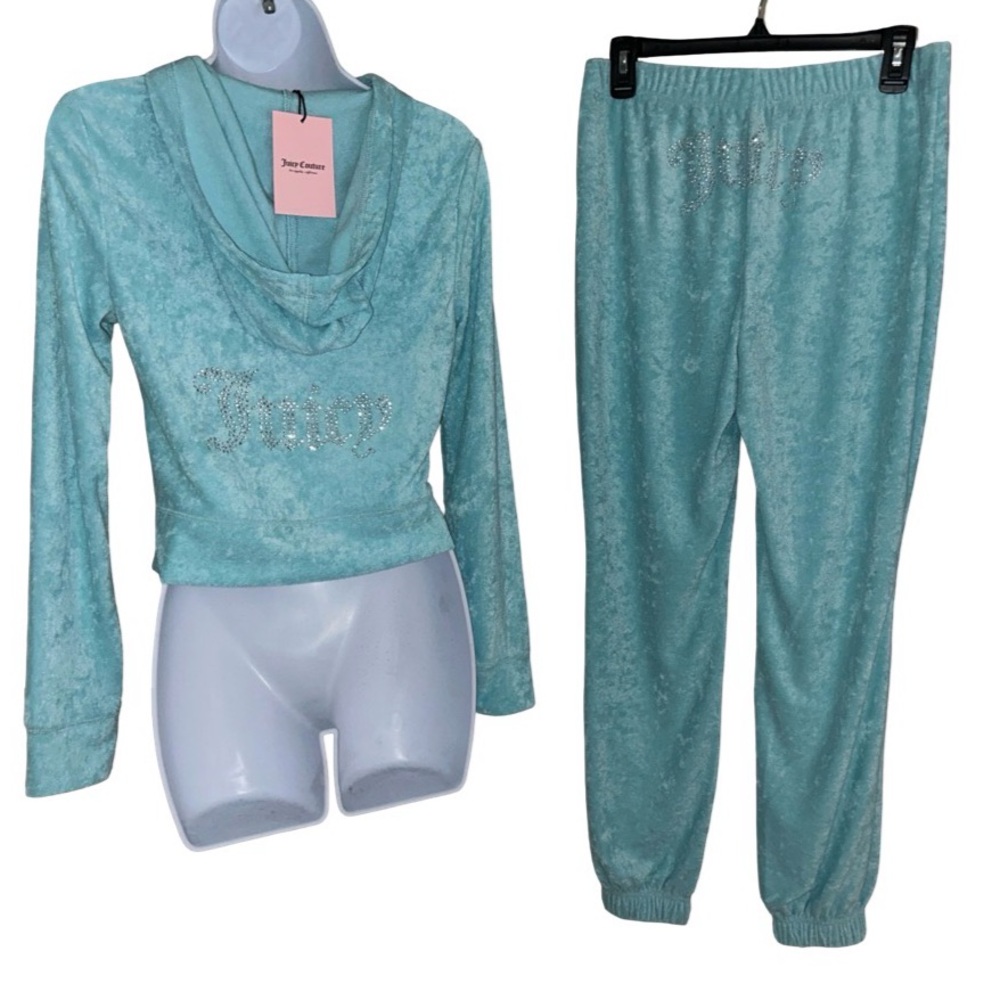 JUICY COUTURE OG CRYSTAL BLUE  RHINESTONE VELOUR ZIP UP CROPPED TRACKSUIT NWT